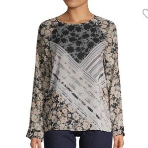 20. Calvin Klein Multi-Media Print Blouse in Grey and Black and Tan